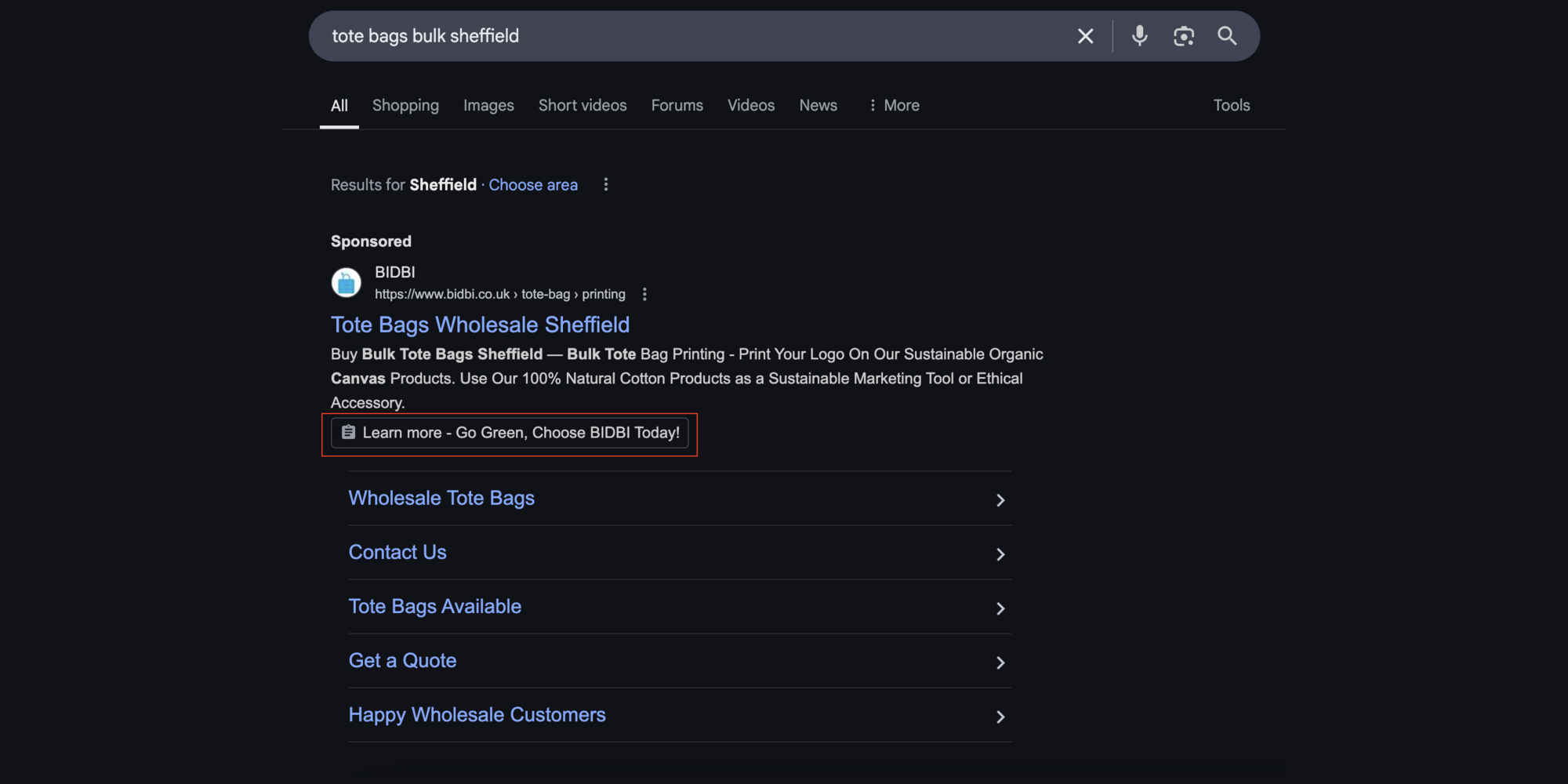 search results page showing BIDBI at the top